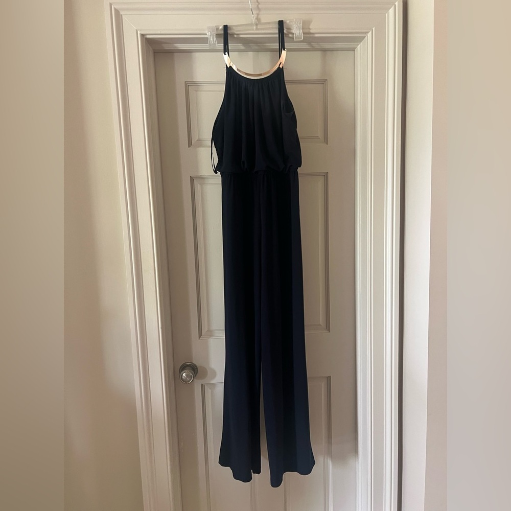 Emma and Michelle, navy sleeveless jumpsuit elastic waste, gold necklace, large - Picture 7 of 12